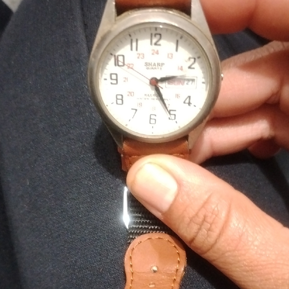 Sharp Stainless Steel Watch with Brown Leather Strap